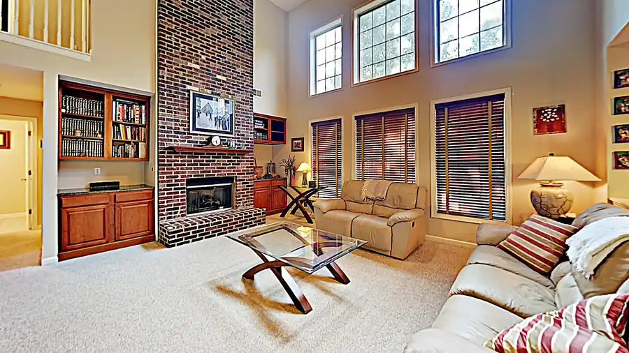 Great room with brick fireplace